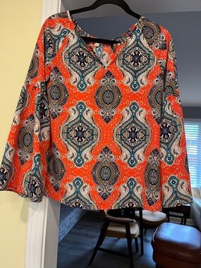 Cremieux Orange Paisley-Print V-Neck Tunic with Navy & Teal Accents